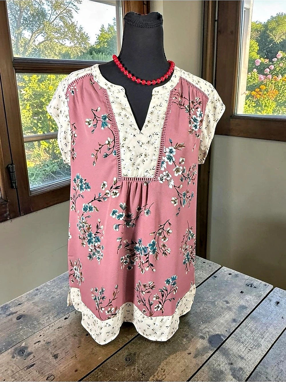 DR2 Floral Top Boho Floral Blouse in Pink & Cream Size Medium